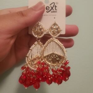 Nwot Indian Pakistani Statement White Gold and Red Beaded Earrings